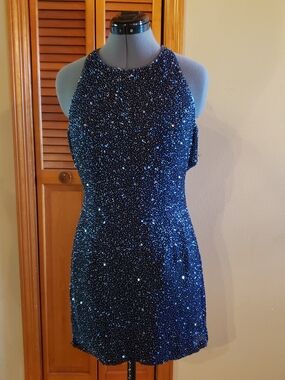 Beaded Vintage Navy Halter Mini Dress